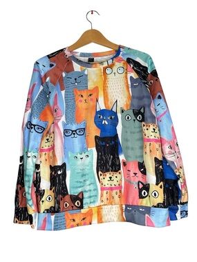 EMERY ROSE Colorful Cartoon Cat Print Raglan Sweatshirt Size Small S